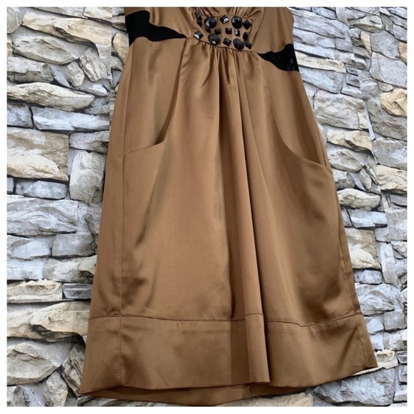 #152 BCBGeneration Jeweled Embellished Mesh Bronze Chocolate Satin Dress BCBG 2 - Picture 7 of 9